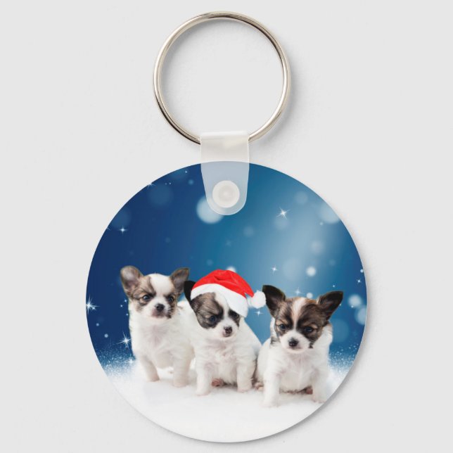 Llavero Cachorros de Chihuahua con Navidades de Santa Hat (Anverso)