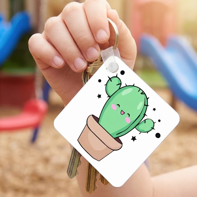 Llavero Cactus bebé Kawaii sonriente en jarrón con estrell (Cute smiling Kawaii Baby Cactus in vase with stars. Keychain)