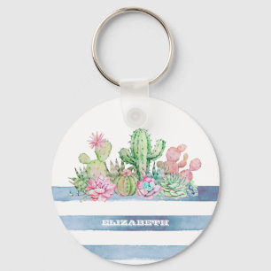 Llavero Cactus Suculento Flores a la Acuarela Rayas