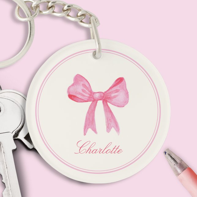 Llavero Cadena acrílica de Coquette Bow rosa (sweet cute pretty girly pink coquette bow keychain with custom name in calligraphy script)