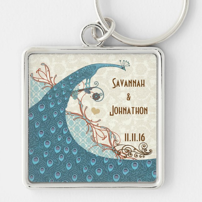 Llavero Cadena de clave de Boda de pavo real de amor de vi (Frente)