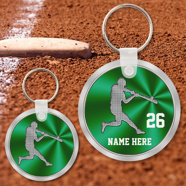 Llavero Cadena de claves de béisbol personalizada de color (Cheap baseball gifts. Baseball keychains, baseball favors. Green Silver, Gifts for baseball players.)