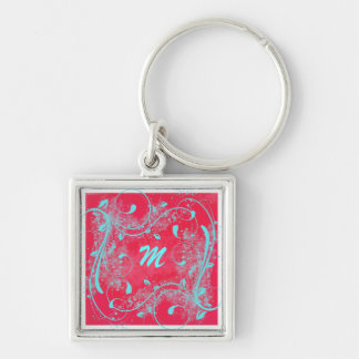 Llavero Cadena de claves de monograma Red and Aqua Swirls