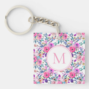 Llavero Cadena de claves florales rosadas monogramo acuare