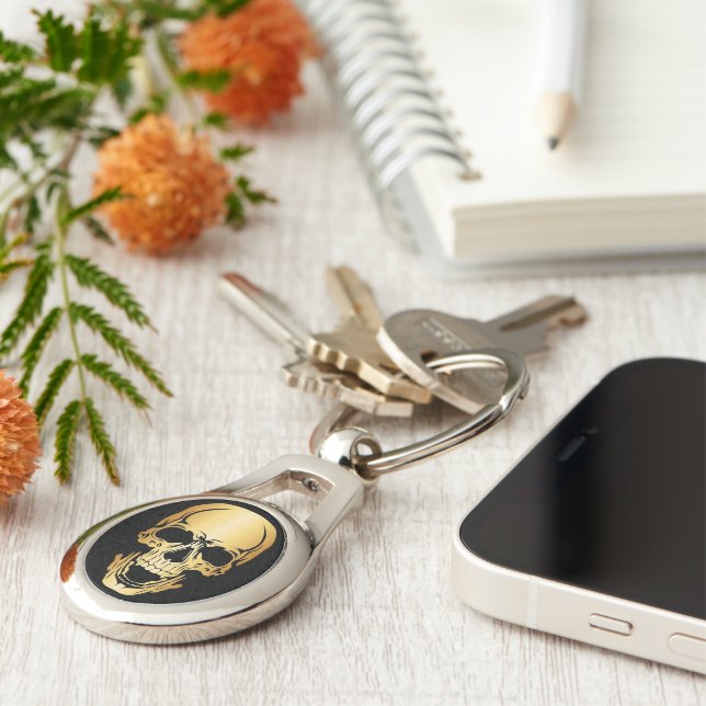 Llavero Cadena de claves Metalizado de cráneo de oro (Lateral)