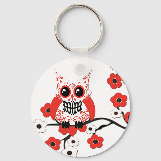 Llavero Cadena de claves Red White Cherry Blossoms Owl (Anverso)