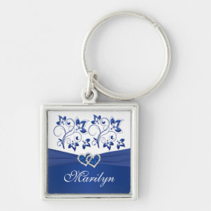 Llavero Cadena de claves Royal Blue, White Floral Hearts c