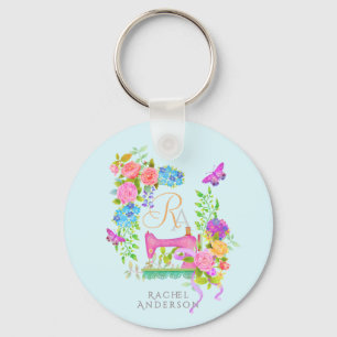 Llavero Cadena de teclas azul de monograma floral de cinta