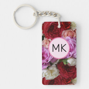 Llavero Cadena de teclas monograma con flores rosadas y ro