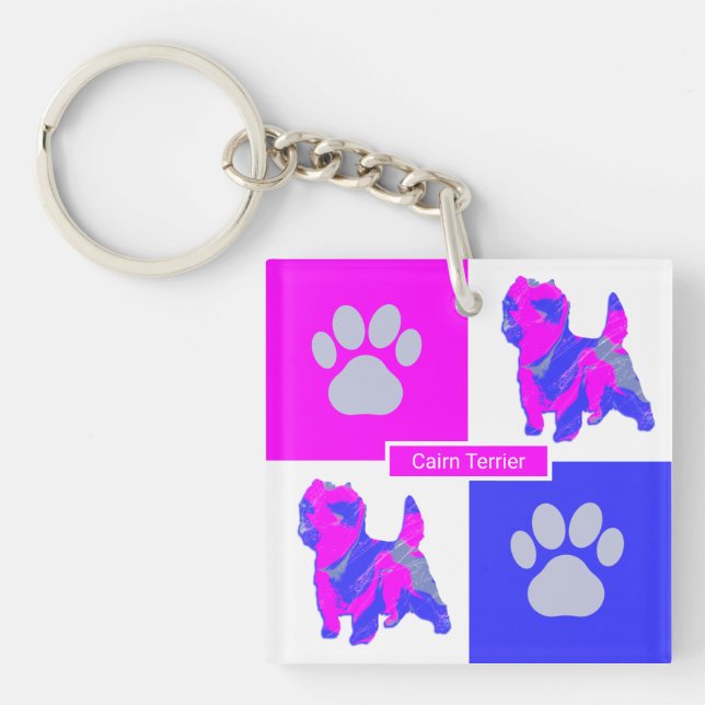 Llavero Cairn Terrier Silhouette Dog & Paw Pink and Blue (Frente)