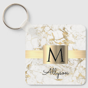 Llavero Caja dorada de mármol blanco y dorado con monogram