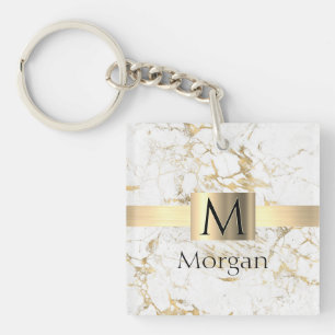 Llavero Caja dorada de mármol blanco y dorado con monogram