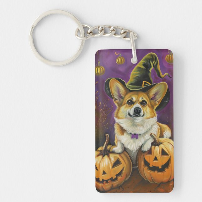 Llavero Calabaza de Brujas de Perro de Corgi Halloween (Frente)