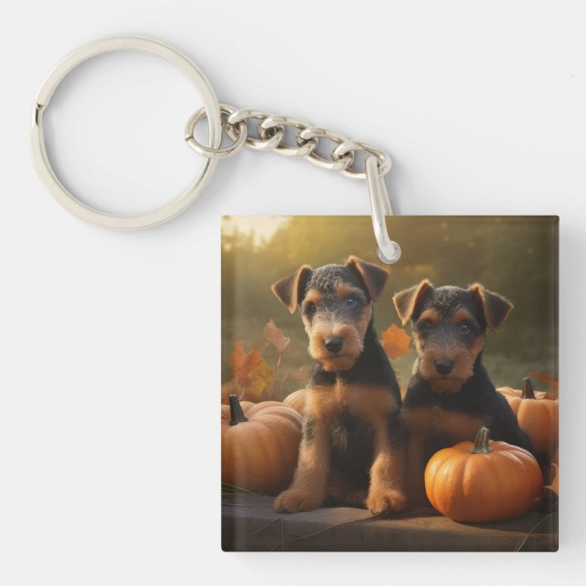 Llavero Calabaza deslumbrante Airedale Puppy Autumn (Frente)