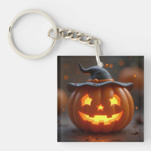 Llavero Calabaza naranja de Halloween con un gorra de bruj