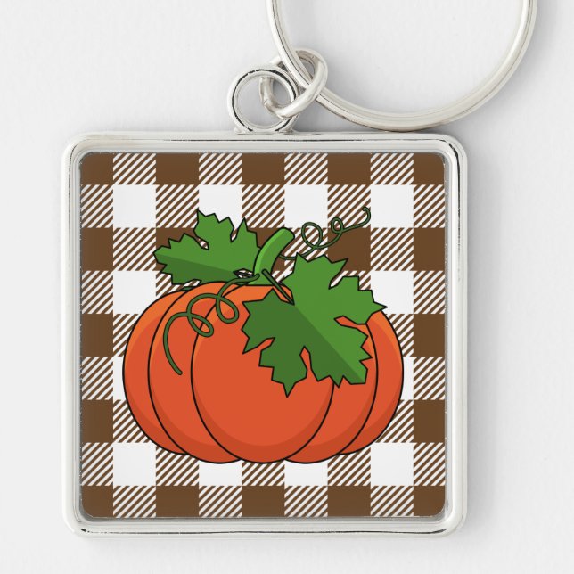 Llavero Calabaza naranja sobre el patrón de cuadros de col (Frente)