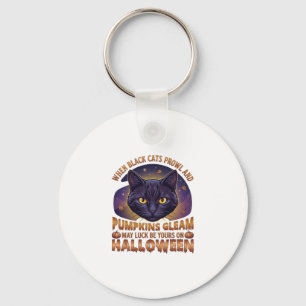 Llavero Calabazas Brillan Halloween Gato Negro Hojas Caída