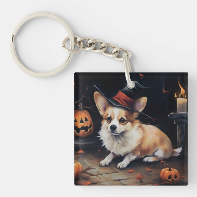 Llavero Calabazas Corgi Halloween Espeluznantes (Frente)