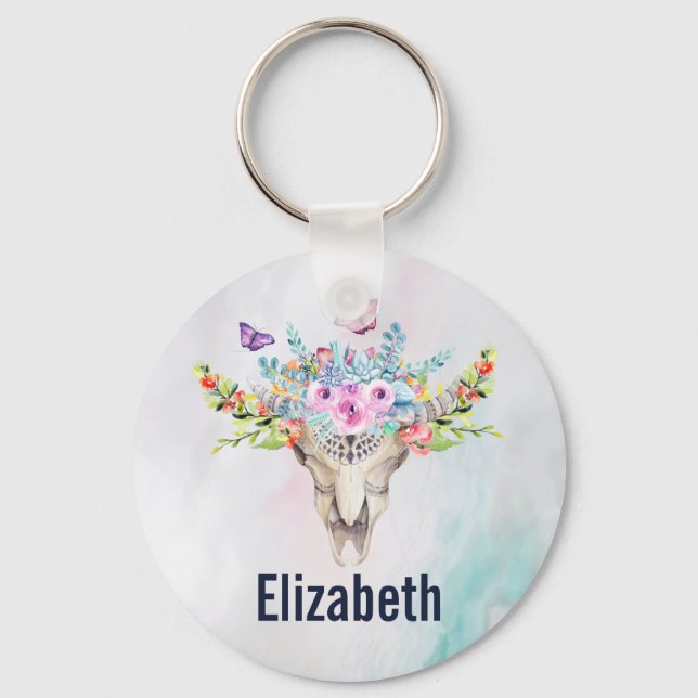 Llavero Calavera animal Boho con mariposas y flores (Anverso)