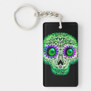 Llavero Calavera Azucarera Verde y Morada Brillante Negra