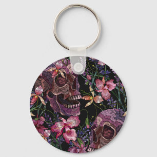 Llavero Calavera bordada: Patrón de orquídeas góticas