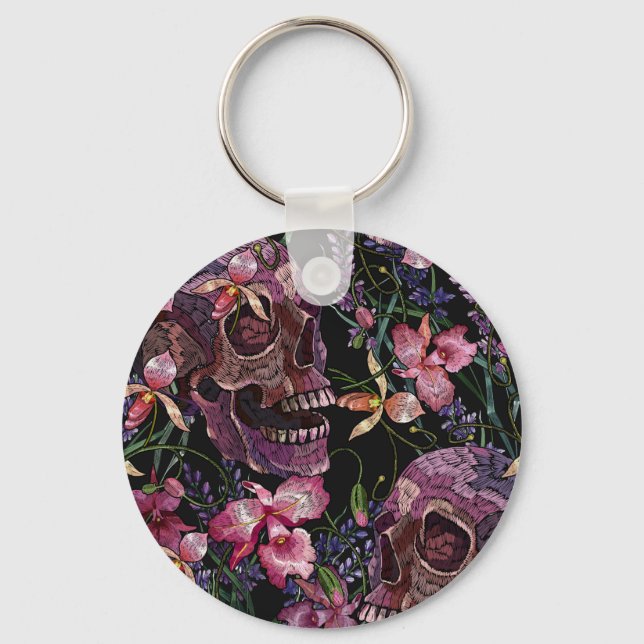Llavero Calavera bordada: Patrón de orquídeas góticas (Anverso)