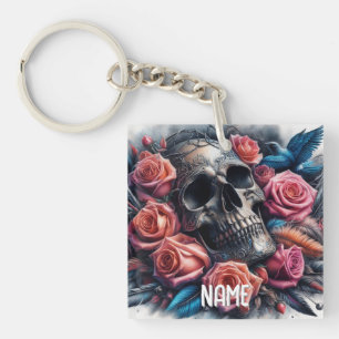 Llavero Calavera con Rosas y pájaro azul