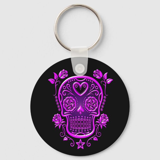 Llavero Calavera de azúcar con Rosas, morado (Anverso)