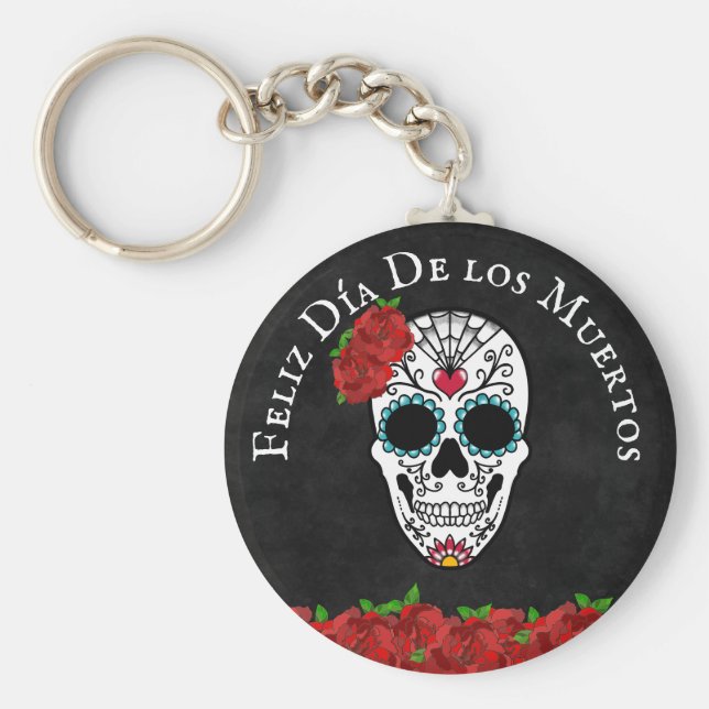Llavero Calavera de azúcar de la turquesa roja de los muer (Frente)