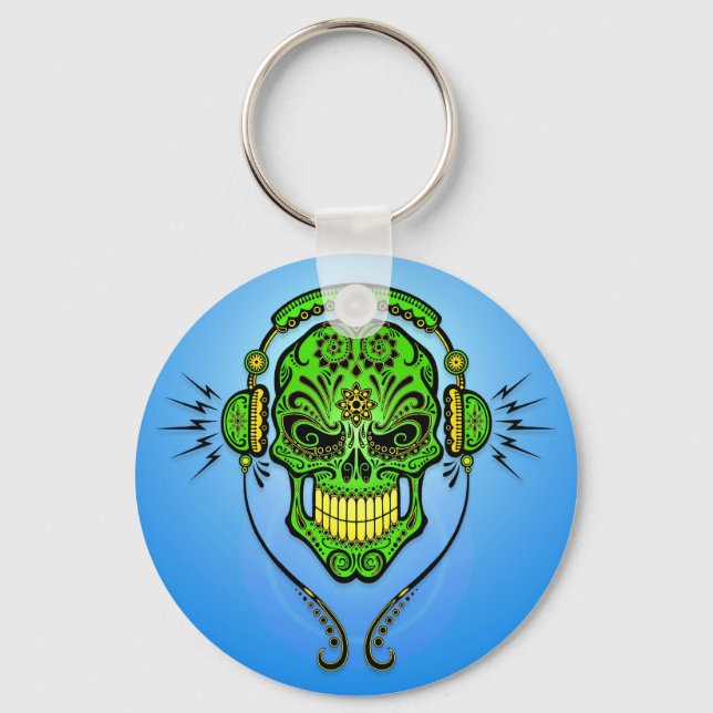 Llavero Calavera de azúcar DJ - Verde y azul (Anverso)