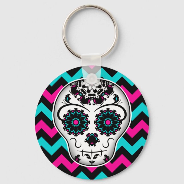 Llavero Calavera de azúcar en rayas de chevron (Anverso)