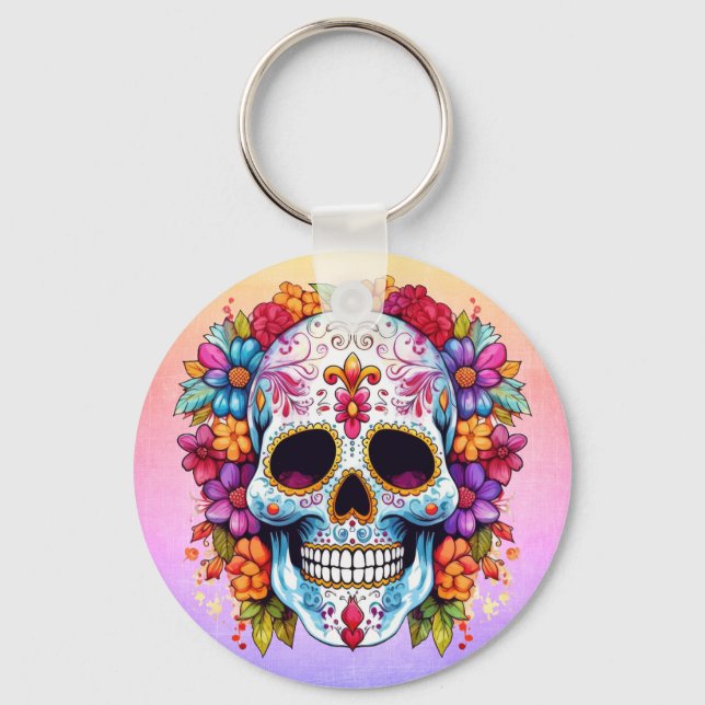 Llavero Calavera de Azúcar Floral Pastel (Anverso)