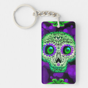Llavero Calavera de azúcar iluminada verde y morada de Hal