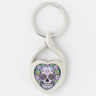 Llavero Calavera de azúcar morado con flores