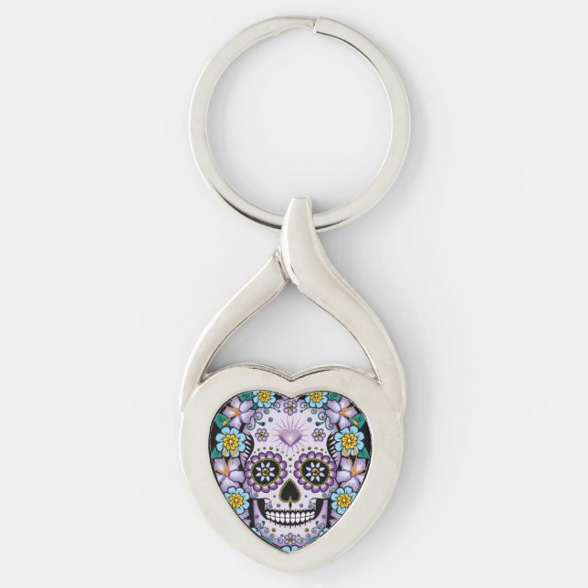 Llavero Calavera de azúcar morado con flores (Anverso)