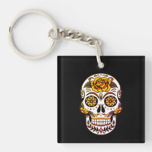 Llavero Calavera de azúcar Rosa Amarilla sobre Negro