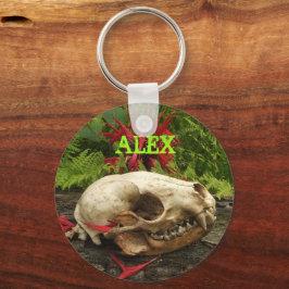 Llavero Calavera de mapache viejo tronco con helechos y Mo