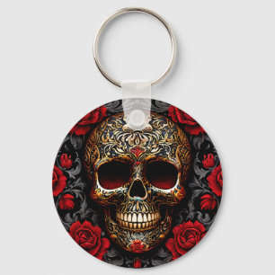 Llavero Calavera del Día de los Muertos con Rosas Rojas