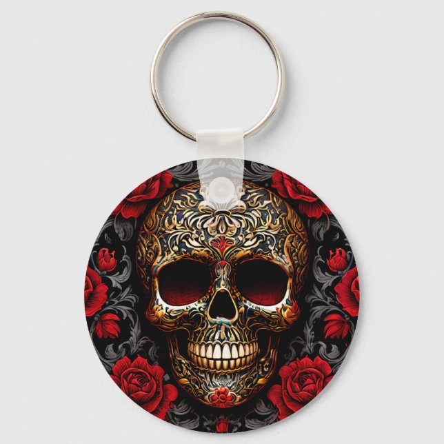 Llavero Calavera del Día de los Muertos con Rosas Rojas (Anverso)