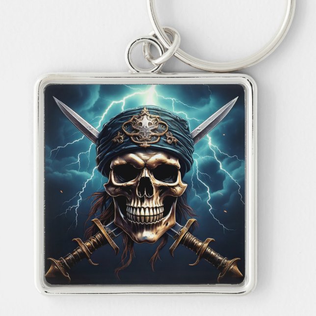 Llavero Calavera pirata con cadena de palabras clave (Frente)
