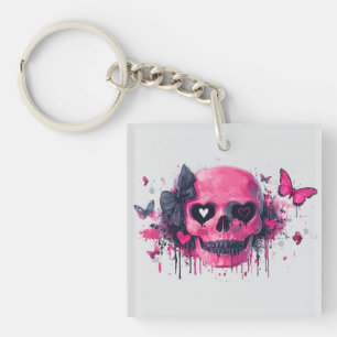 Llavero Calavera rosa con mariposas y corazones