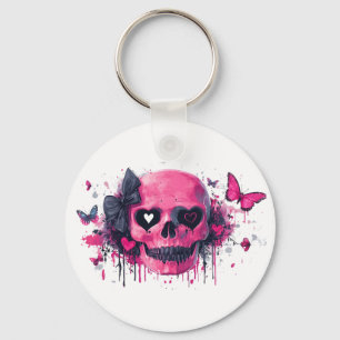 Llavero Calavera rosa con mariposas y corazones