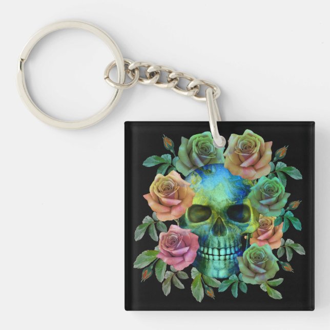 LLAVERO CALAVERA VERDE DE LA MUERTE CON FLORES (Frente)