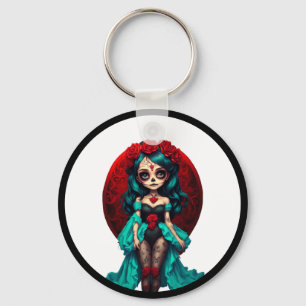 Llavero Calaveras de azúcar de rosas verde azuladas y roja