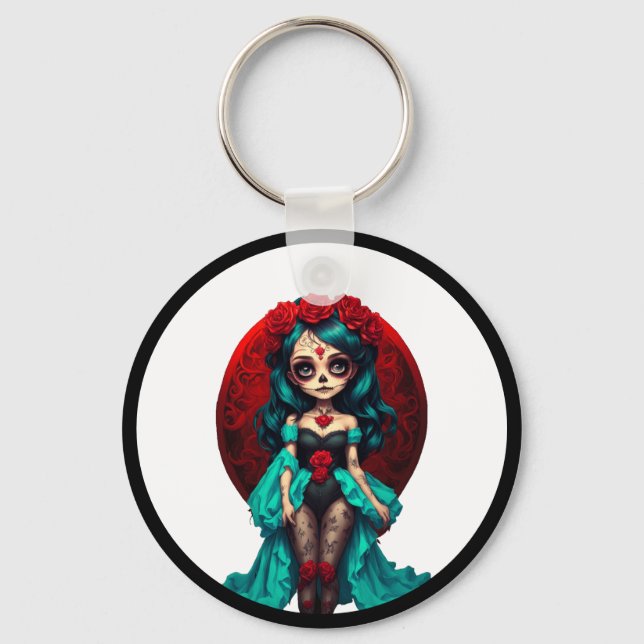 Llavero Calaveras de azúcar de rosas verde azuladas y roja (Anverso)