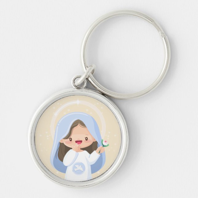 Llavero Cálida Virgen Kawaii María sostiene Flor - Beige (Frente)