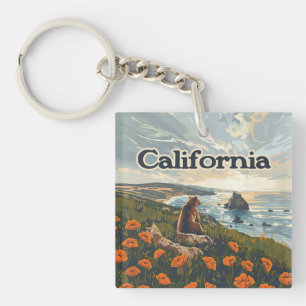 Llavero California Bear Poppies Flowers Coast Retro