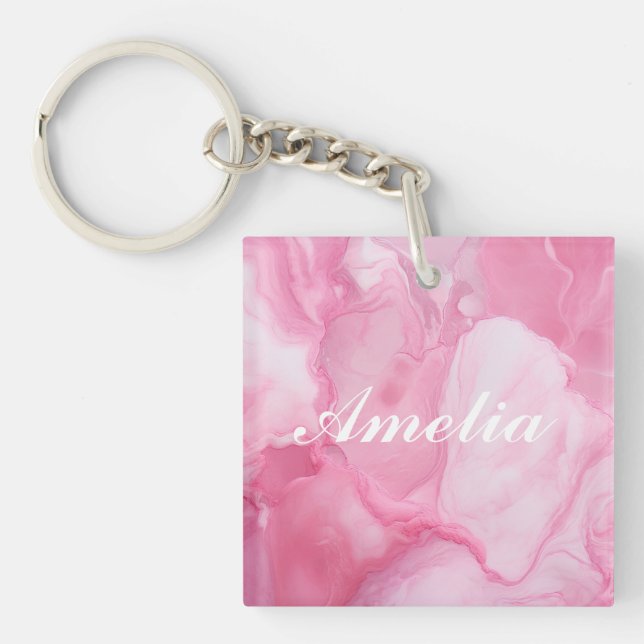 Llavero Caligrafía de mármol rosa elegante y personalizada (Frente)