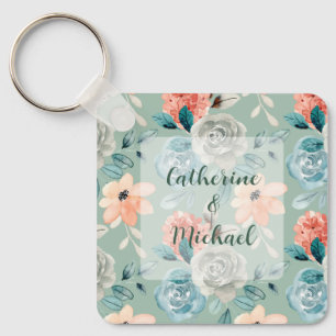 Llavero Caligrafía de matrimonio elegante de floral verde