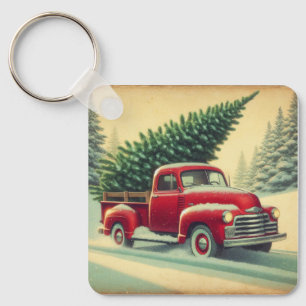 Llavero Camión rojo vintage con árbol de Navidad